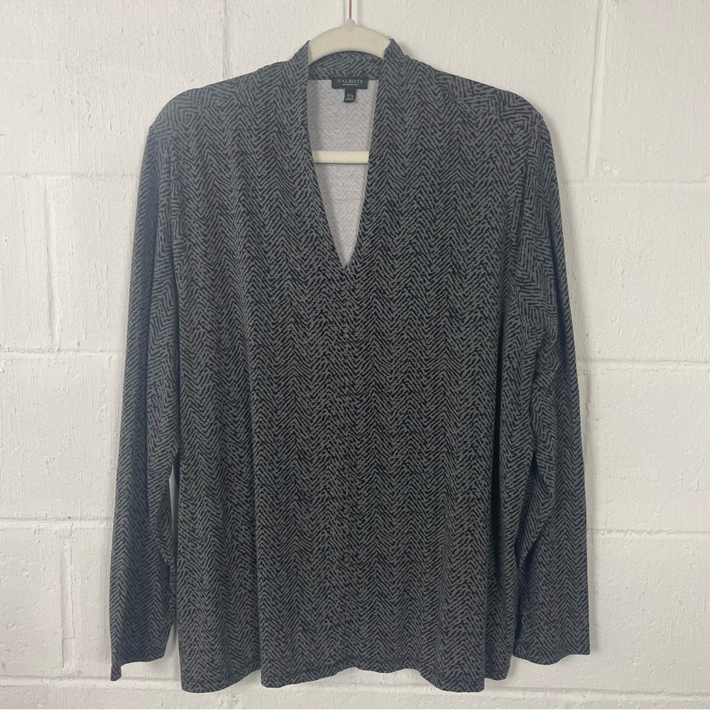 Talbots Woman Longsleeve V-Neck Tunic Gray Herringbone Office Classic 2Xp
